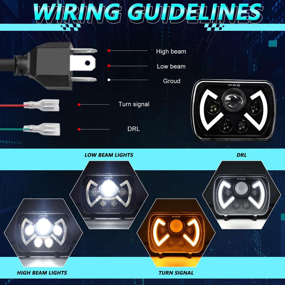 Y22 H4 7 inch Car Butterfly Style Square Modified Headlight for Jeep Wrangler(Black)