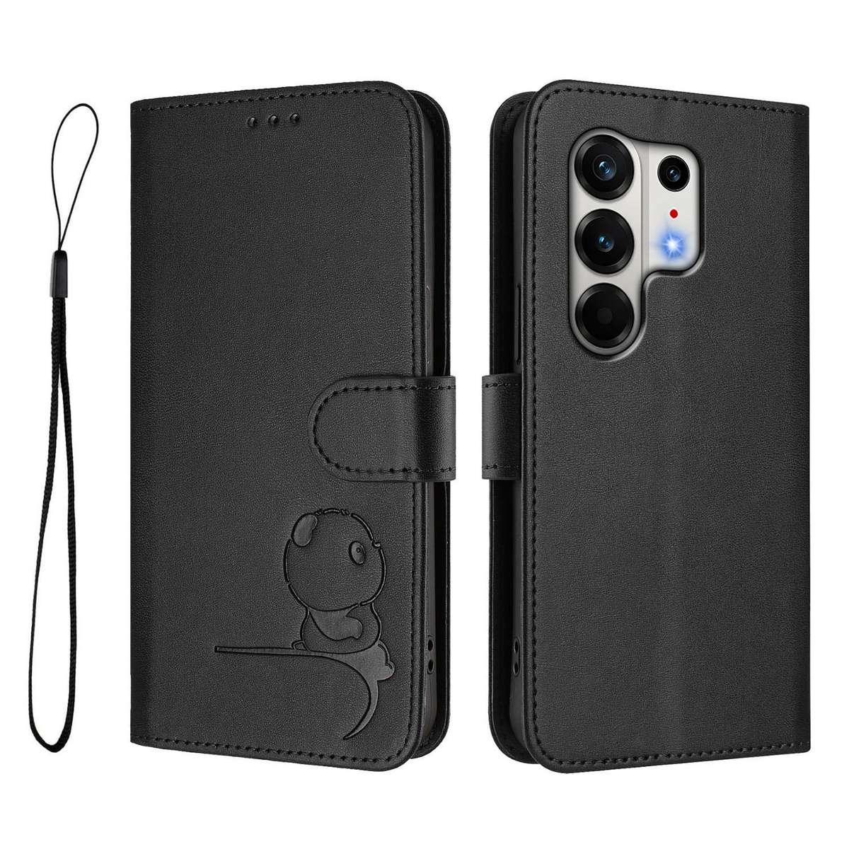 For Tecno Camon 50 Pro 4G Litter Panda Embossing RFID Leather Phone Case with Lanyard(Black)