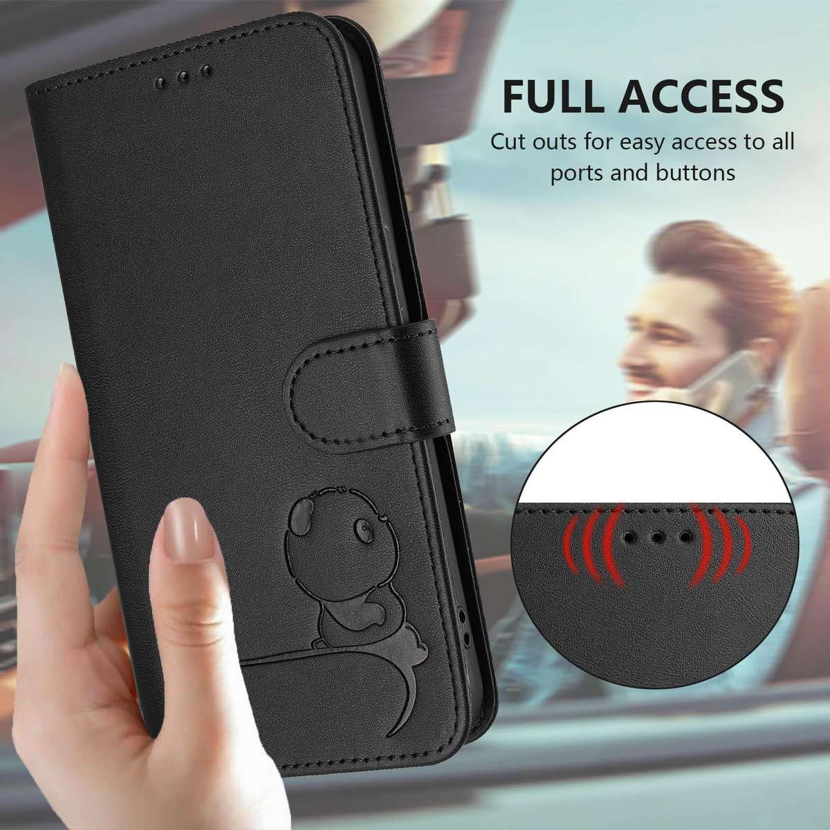 For Tecno Camon 50 Pro 4G Litter Panda Embossing RFID Leather Phone Case with Lanyard(Black)