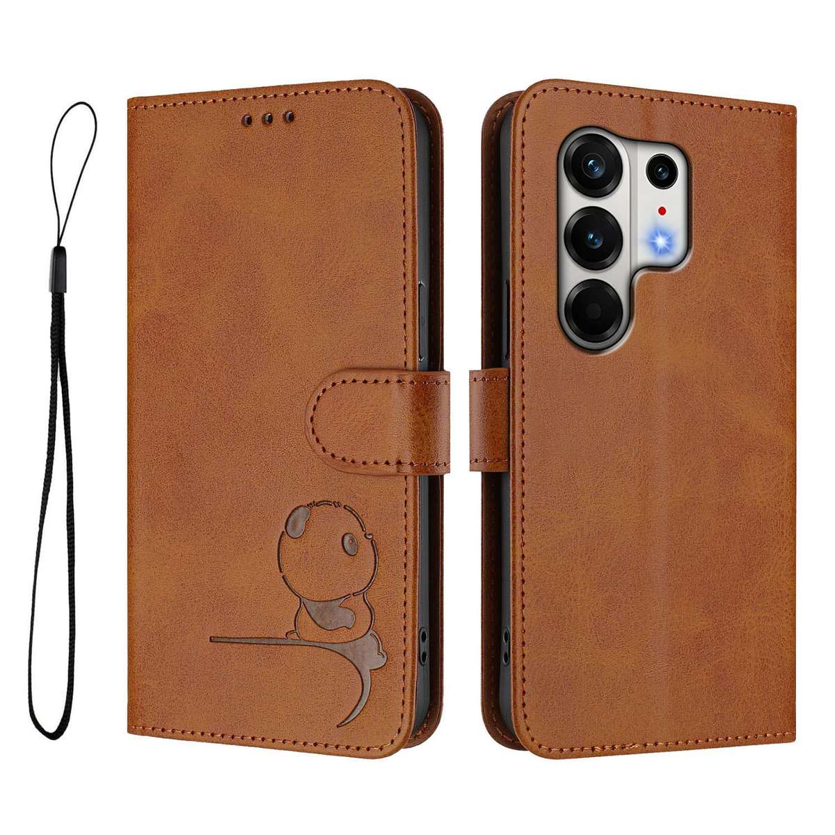 For Tecno Camon 50 Pro 4G Litter Panda Embossing RFID Leather Phone Case with Lanyard(Brown)