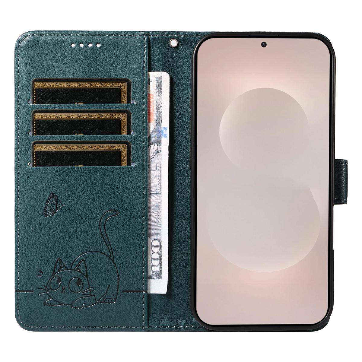 For Samsung Galaxy S26 Edge 5G Adorable Cat Embossed Pattern Flip Leather Phone Case(Dark Green)