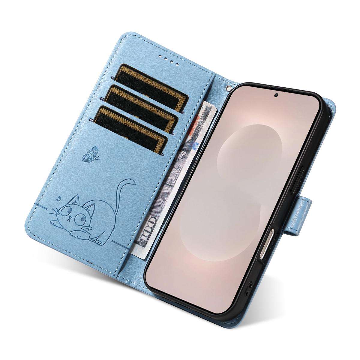 For Samsung Galaxy S26 Edge 5G Adorable Cat Embossed Pattern Flip Leather Phone Case(Sky Blue)