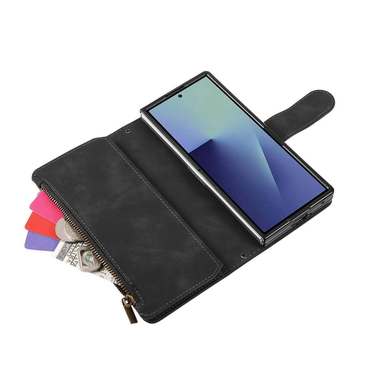 For Samsung Galaxy Z Fold7 5G Multifunctional Frosted Zipper Wallet Leather Phone Case(Black)