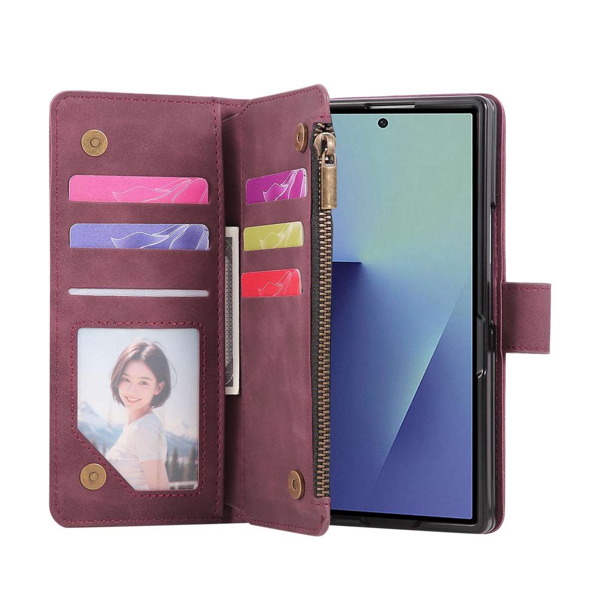 For Samsung Galaxy Z Fold7 5G Multifunctional Frosted Zipper Wallet Leather Phone Case(Wine Red)