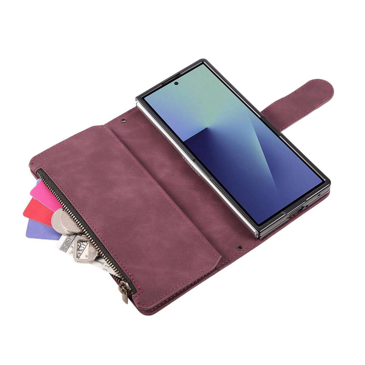 For Samsung Galaxy Z Fold7 5G Multifunctional Frosted Zipper Wallet Leather Phone Case(Wine Red)