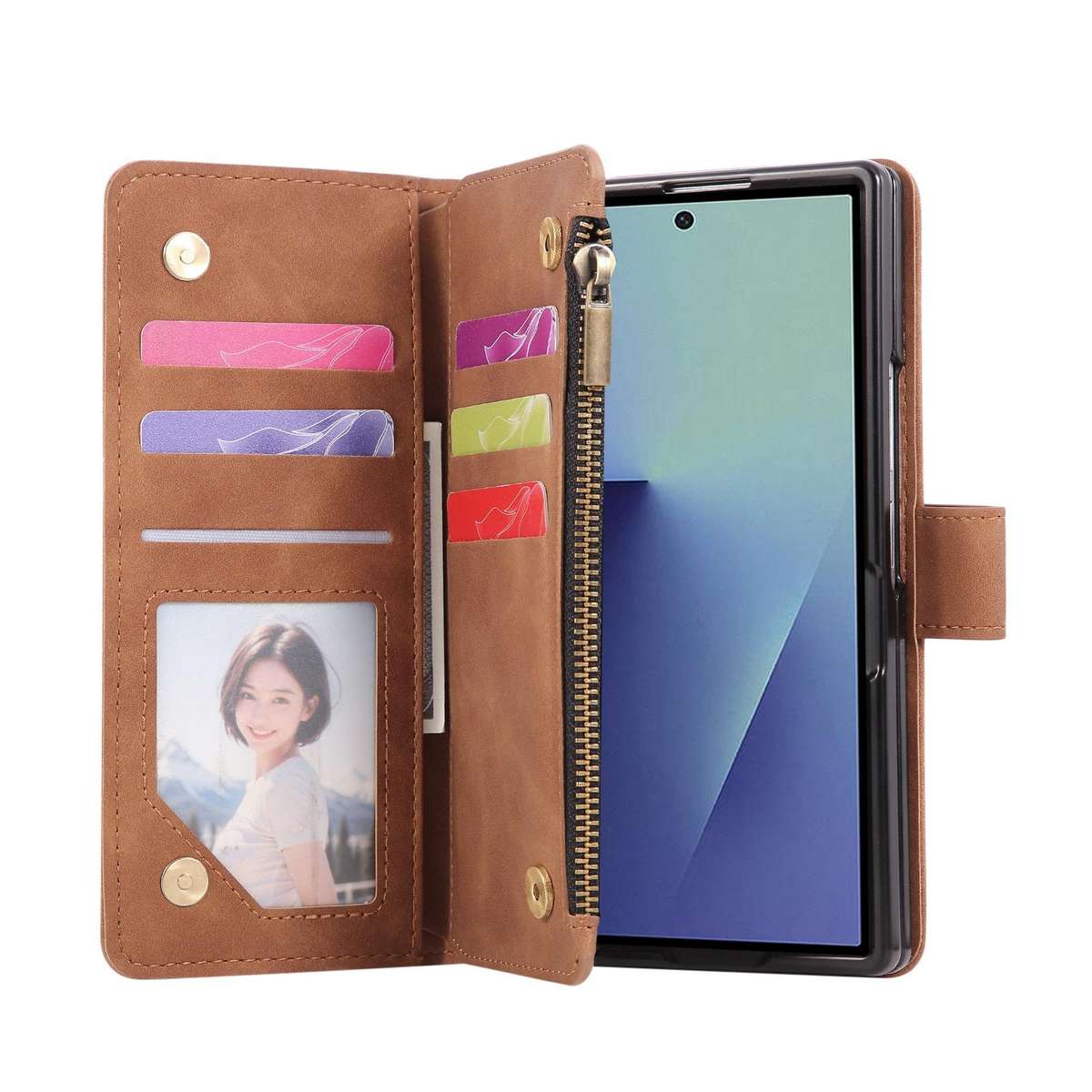 For Samsung Galaxy Z Fold7 5G Multifunctional Frosted Zipper Wallet Leather Phone Case(Brown)