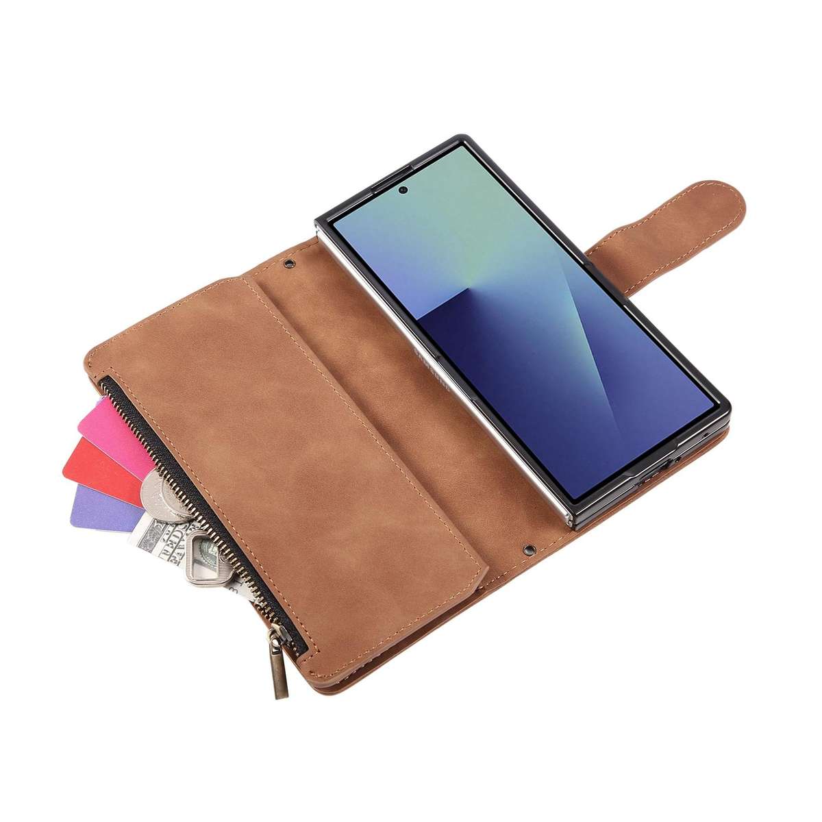 For Samsung Galaxy Z Fold7 5G Multifunctional Frosted Zipper Wallet Leather Phone Case(Brown)