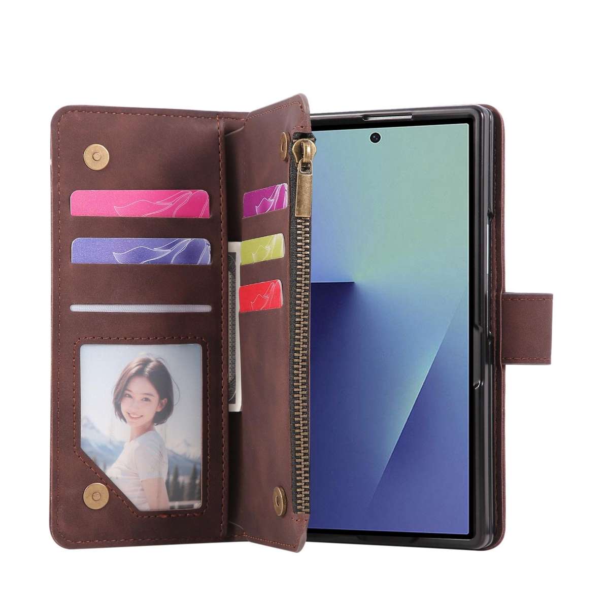 For Samsung Galaxy Z Fold7 5G Multifunctional Frosted Zipper Wallet Leather Phone Case(Coffee)