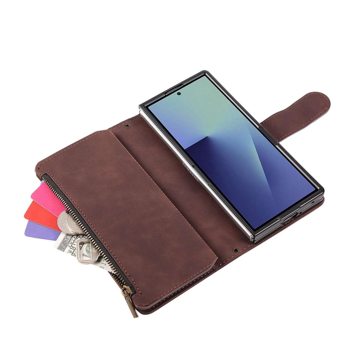 For Samsung Galaxy Z Fold7 5G Multifunctional Frosted Zipper Wallet Leather Phone Case(Coffee)