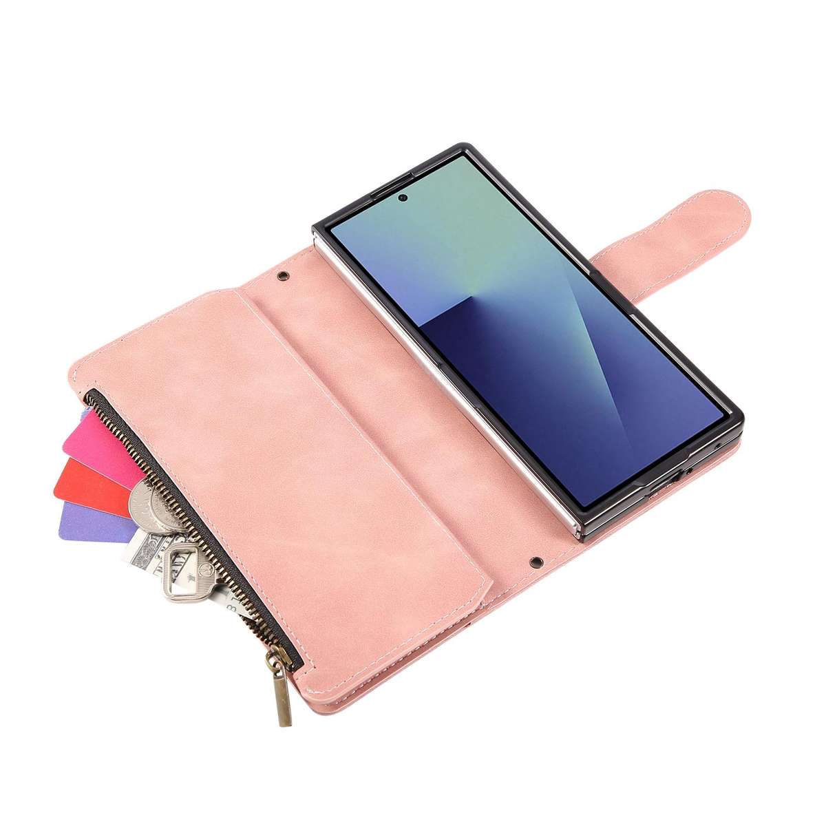 For Samsung Galaxy Z Fold7 5G Multifunctional Frosted Zipper Wallet Leather Phone Case(Pink)