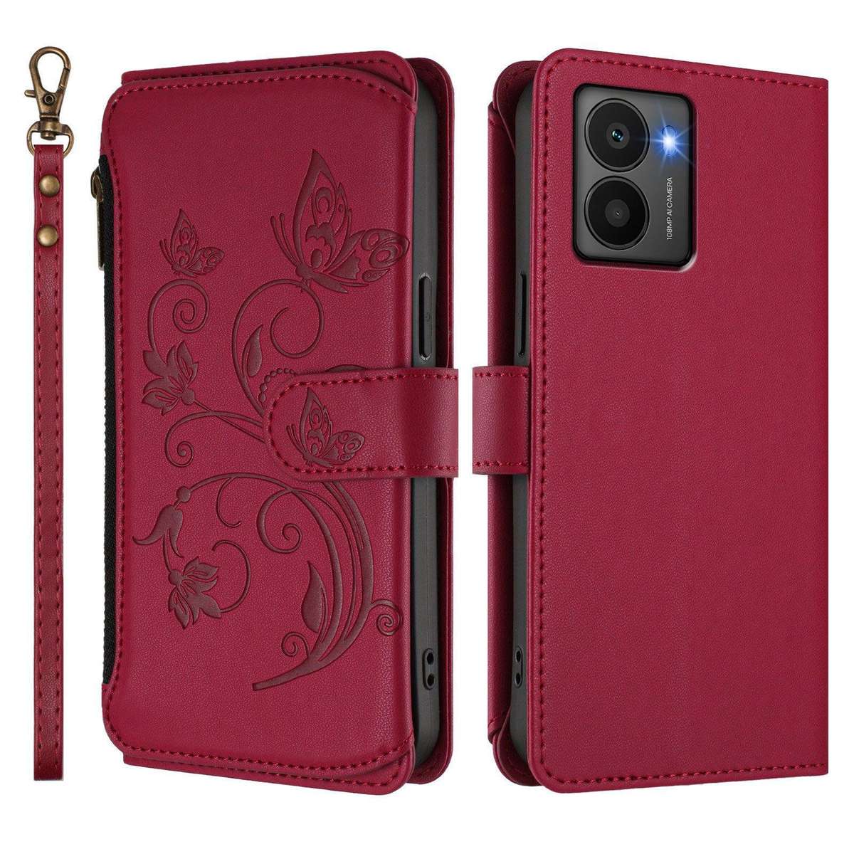 For HMD Fuison Butterfly Love Flower Multi-card Zipper Wallet Leather Phone Case(Wine Red)
