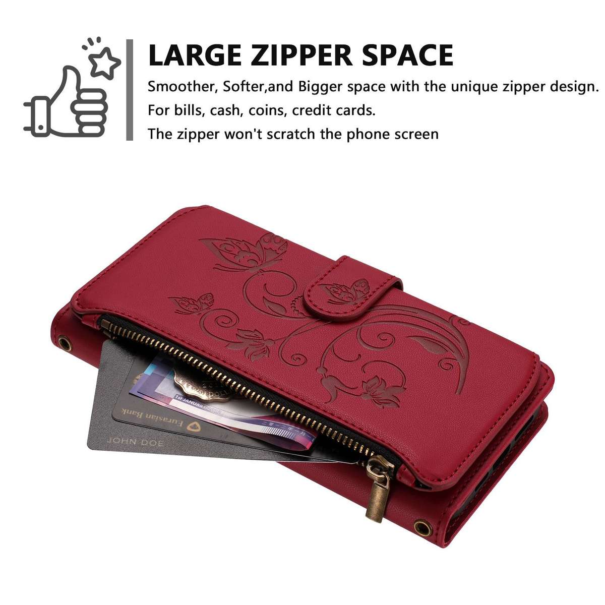 For HMD Fuison Butterfly Love Flower Multi-card Zipper Wallet Leather Phone Case(Wine Red)
