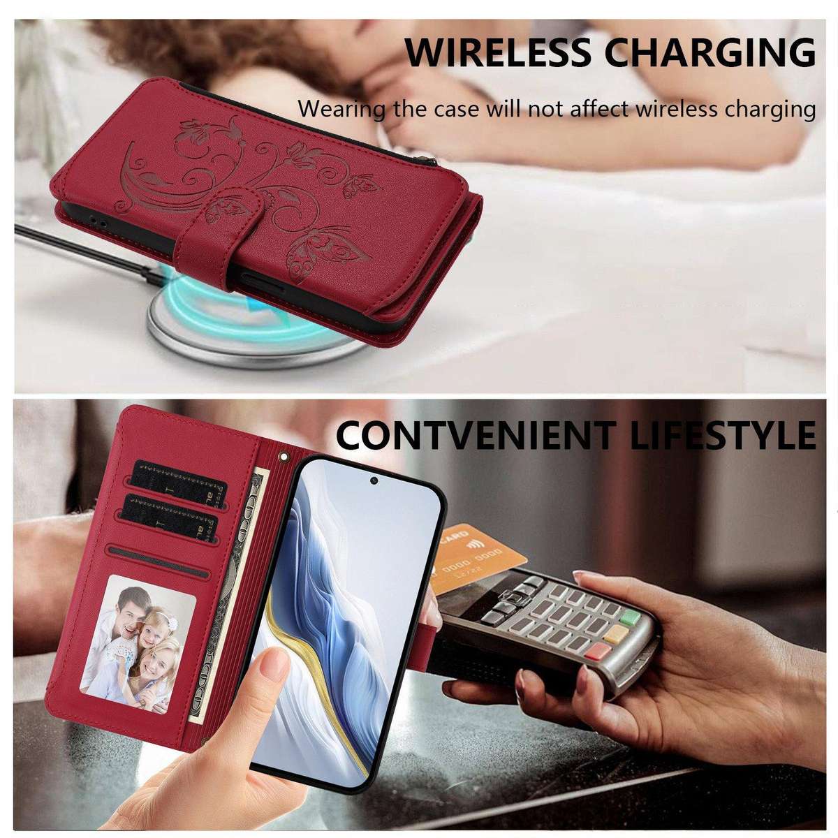 For HMD Fuison Butterfly Love Flower Multi-card Zipper Wallet Leather Phone Case(Wine Red)
