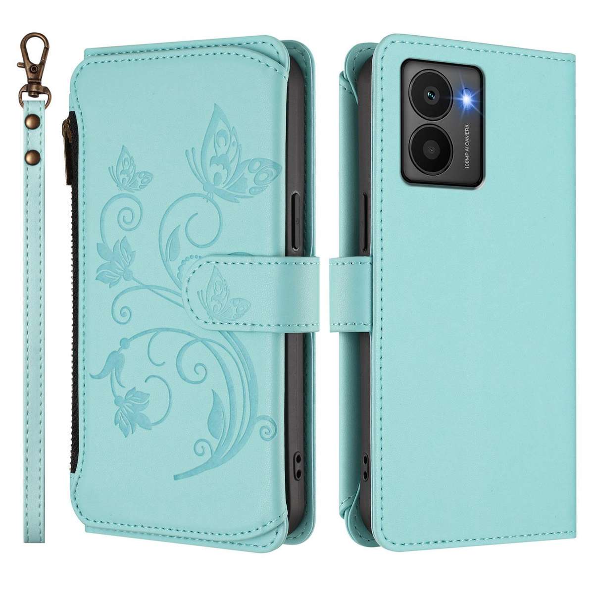 For HMD Fuison Butterfly Love Flower Multi-card Zipper Wallet Leather Phone Case(Mint Green)