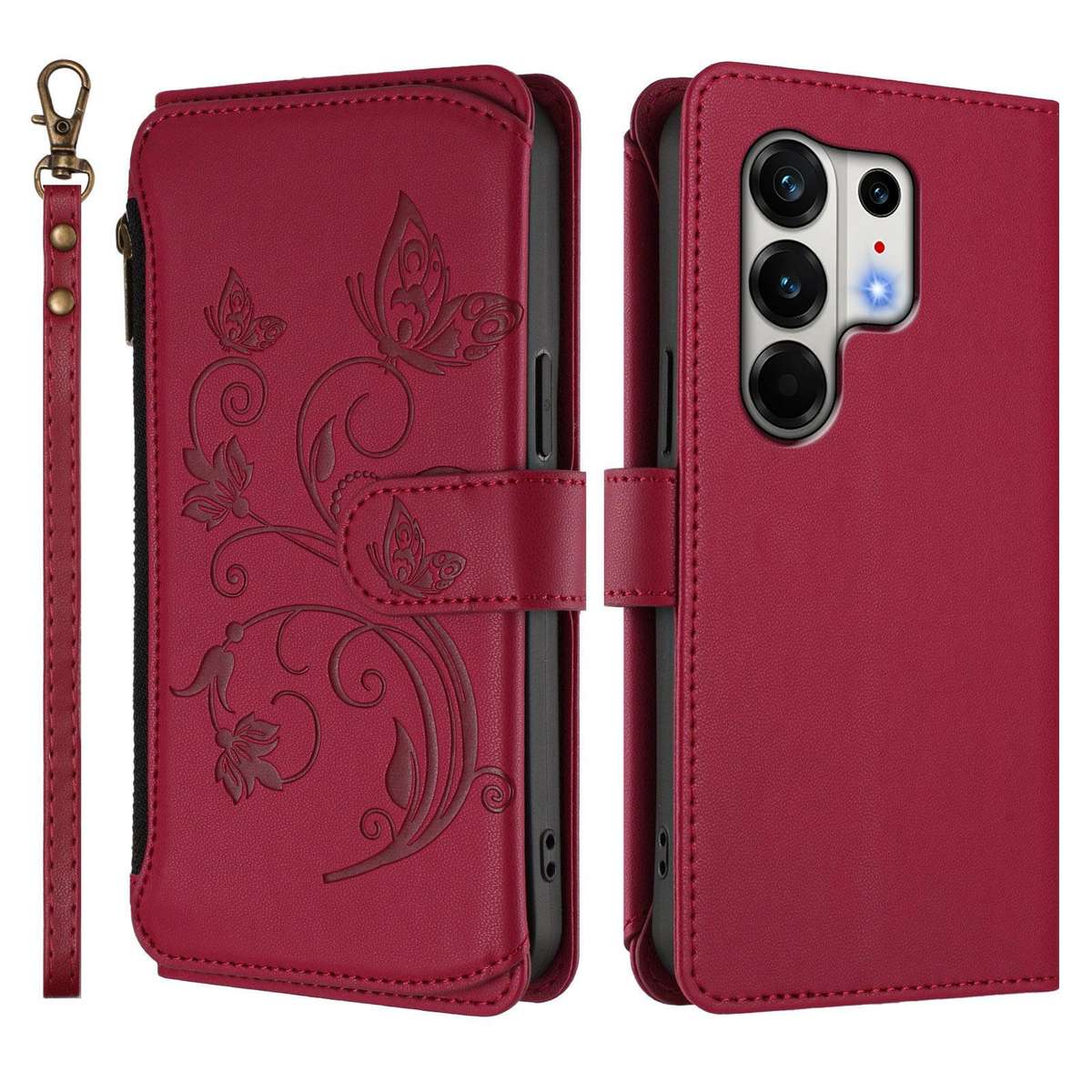 For Tecno Camon 50 Pro 4G Butterfly Love Flower Multi-card Zipper Wallet Leather Ph ... (Wine Red)