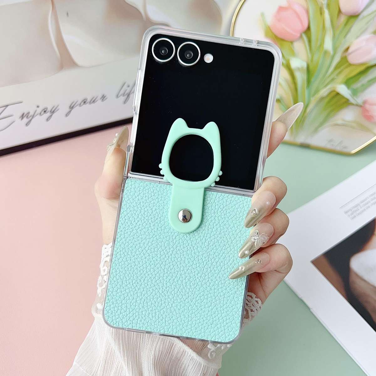 For Samsung Galaxy Z Flip7 5G Transparent Frame Jelly PU + PC Phone Case with Rin ... (Mint Green)