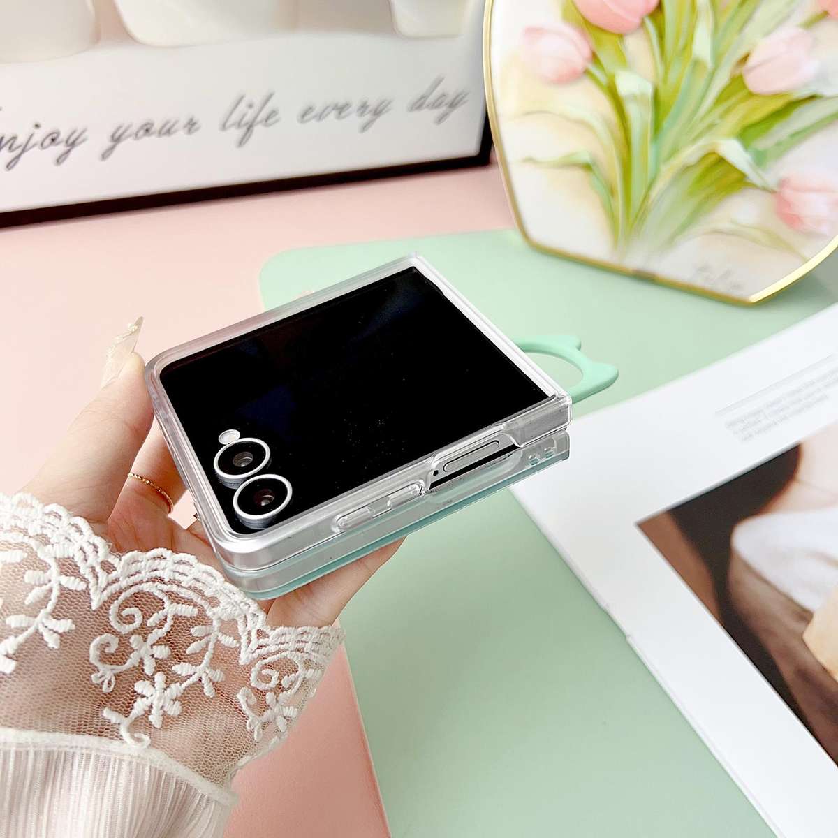For Samsung Galaxy Z Flip7 5G Transparent Frame Jelly PU + PC Phone Case with Rin ... (Mint Green)