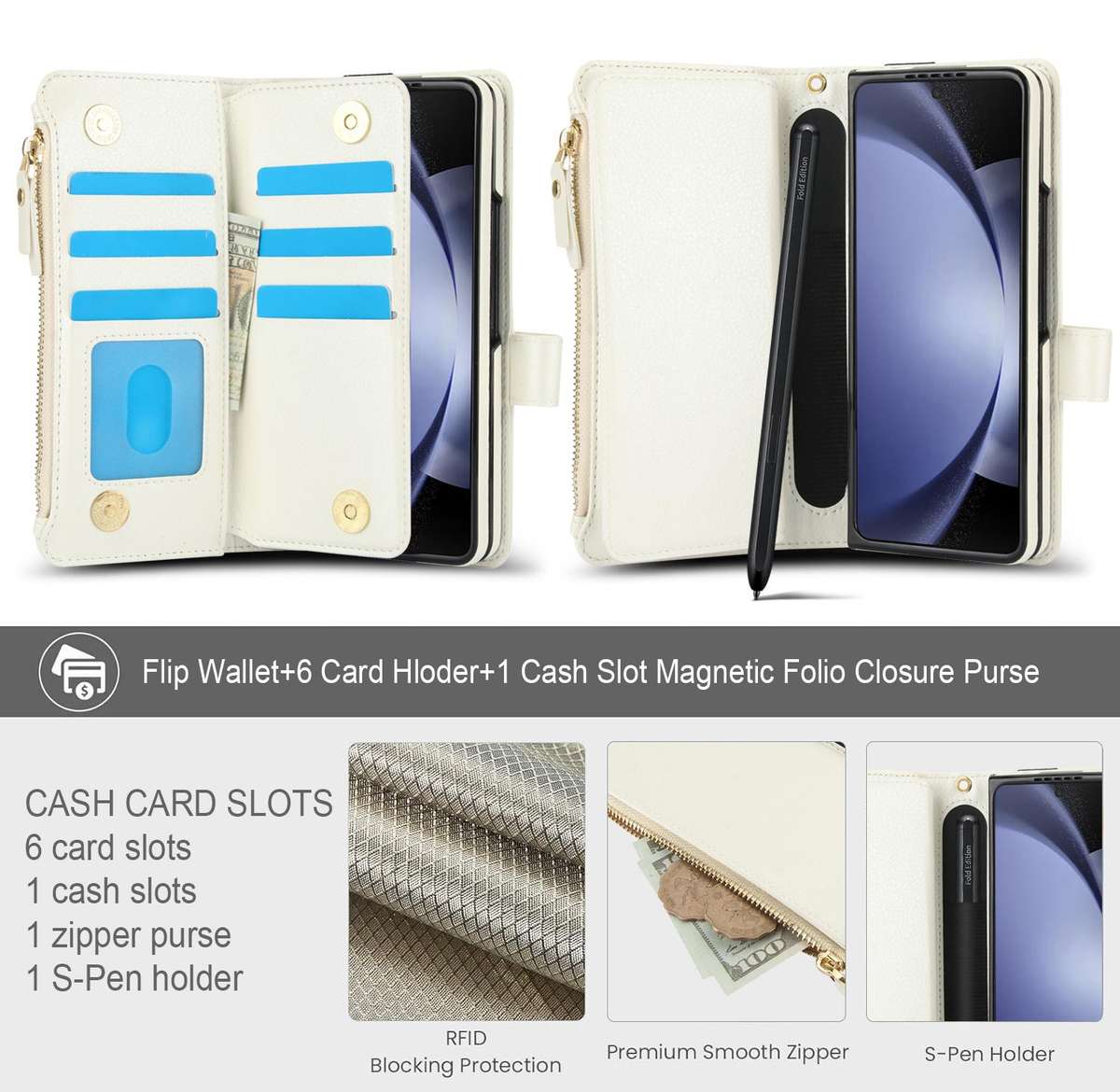 For Samsung Galaxy Z Fold7 Solid Color Wristband Wallet Folding Leather Phone Case wit ... (White)