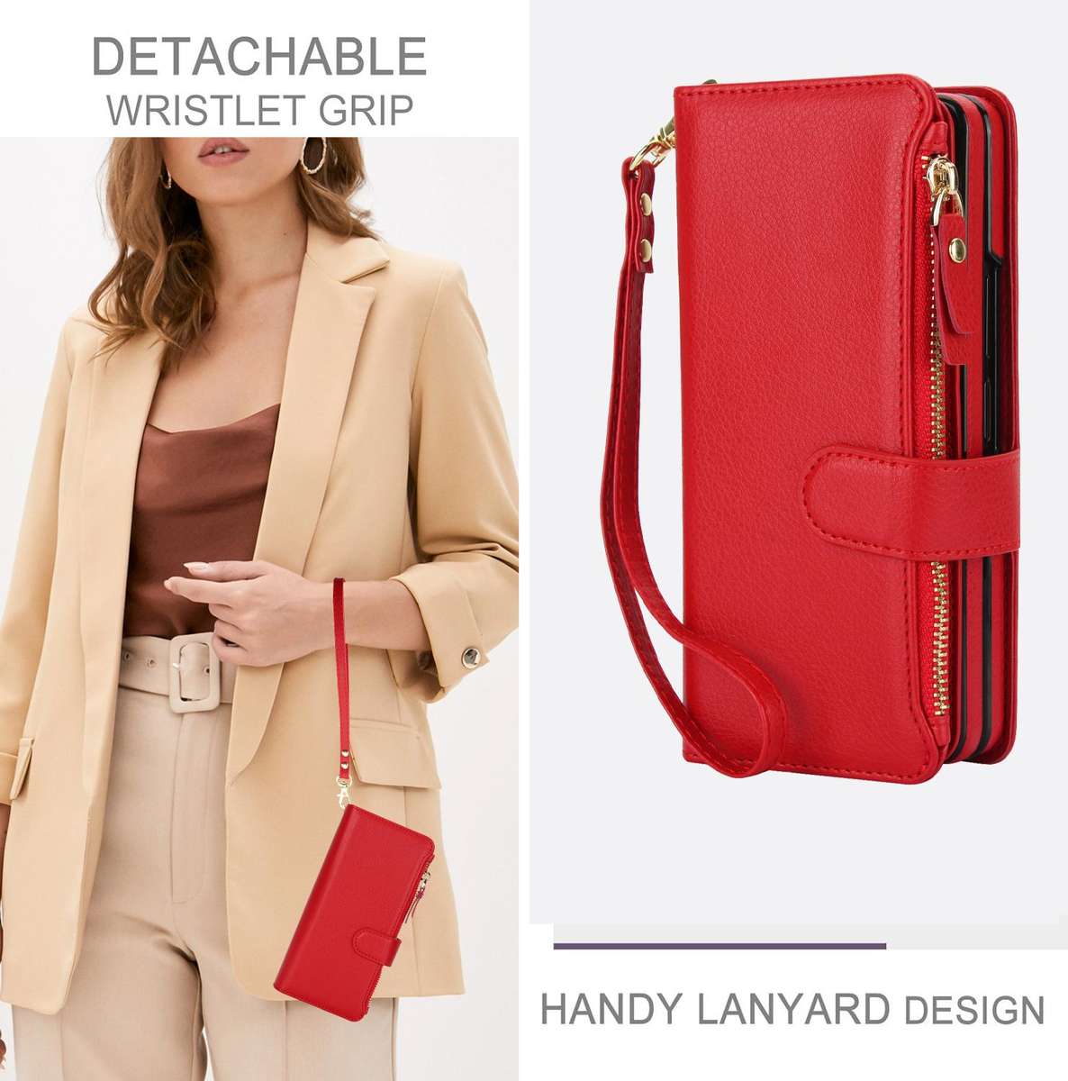 For Samsung Galaxy Z Fold7 Solid Color Wristband Wallet Folding Leather Phone Case with ... (Red)
