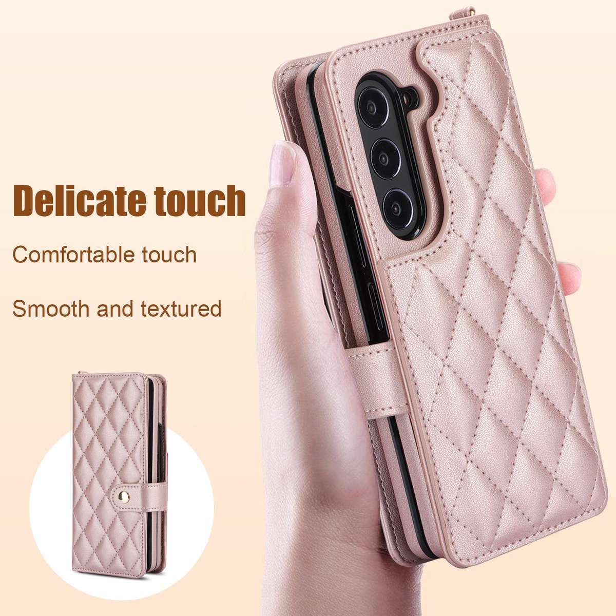 For Samsung Galaxy Z Fold7 Rhombic Texture Crossbody Multifunctional Leather Phone Case(Rose Gold)