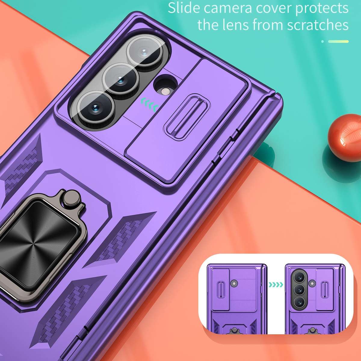 For Samsung Galaxy Z Fold7 5G Kalebol Sliding Window Hinge Phone Case with Ring Stand(Purple)