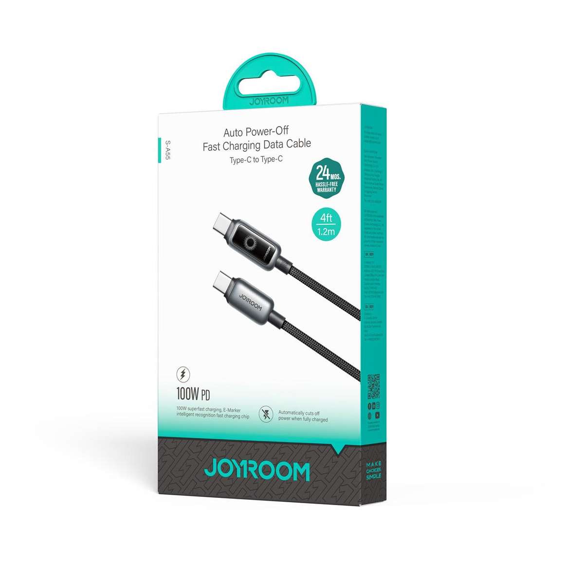 JOYROOM S-A55 StarFlight Series 100W Type-C to Type-C Auto Power-Off Fast Charging Dat ... (Black)