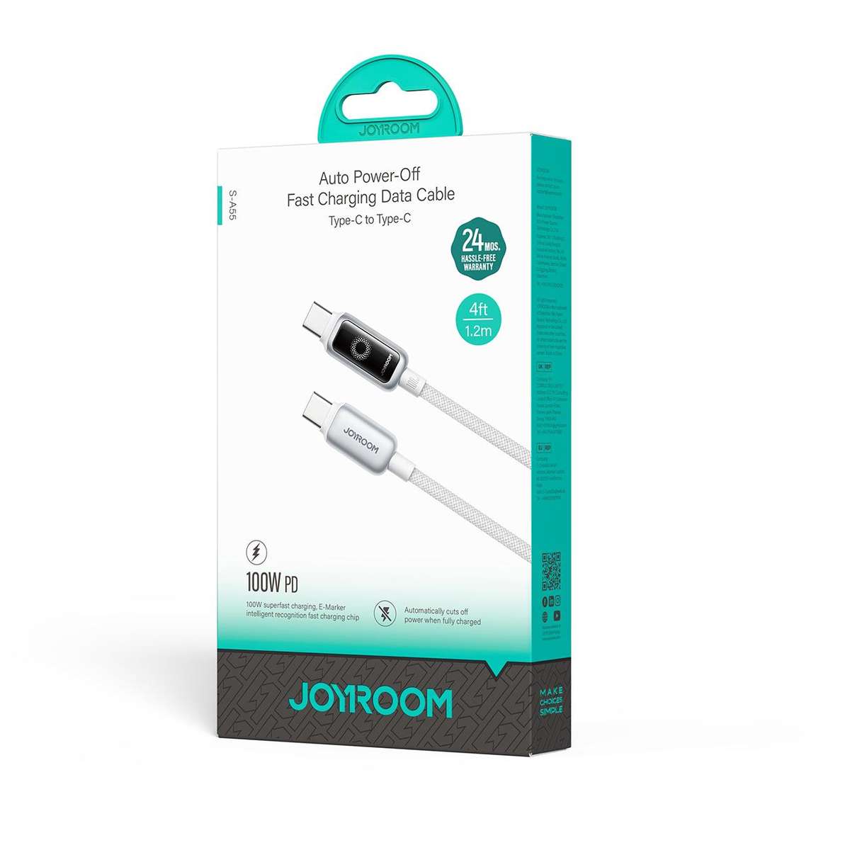 JOYROOM S-A55 StarFlight Series 100W Type-C to Type-C Auto Power-Off Fast Charging Dat ... (White)