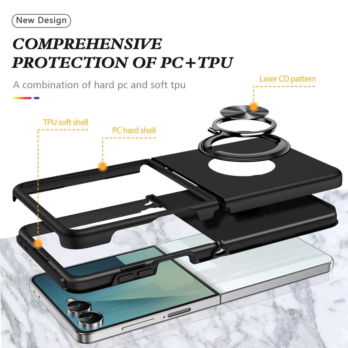 For Samsung Galaxy Z Flip7 5G PC + TPU Magnetic Phone Case with Invisible Ring Holder(Black)