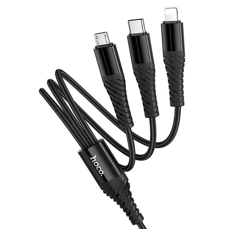 hoco X123 Victory USB/Type-C to 8 Pin, Type-C and Micro USB 3 in 2 Charging Cable, Len ... (Black)