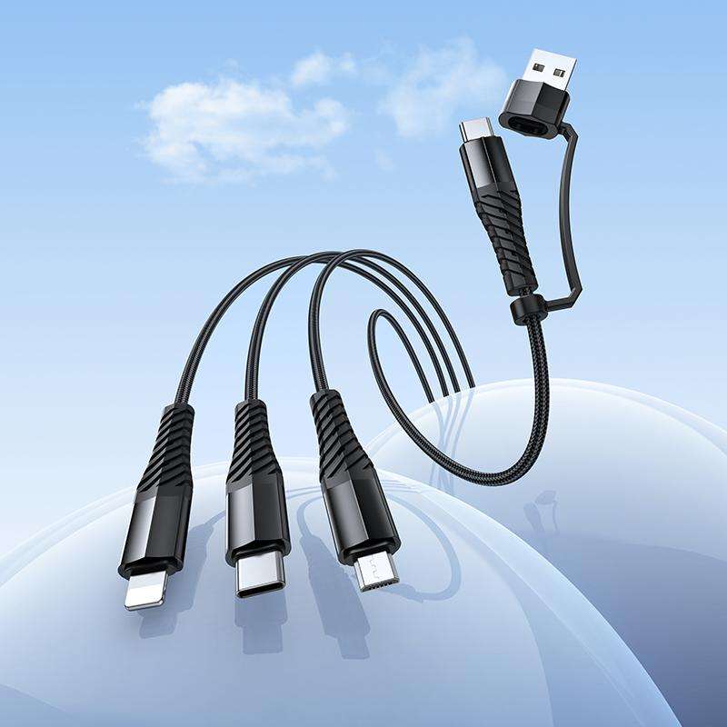 hoco X123 Victory USB/Type-C to 8 Pin, Type-C and Micro USB 3 in 2 Charging Cable, Len ... (Black)