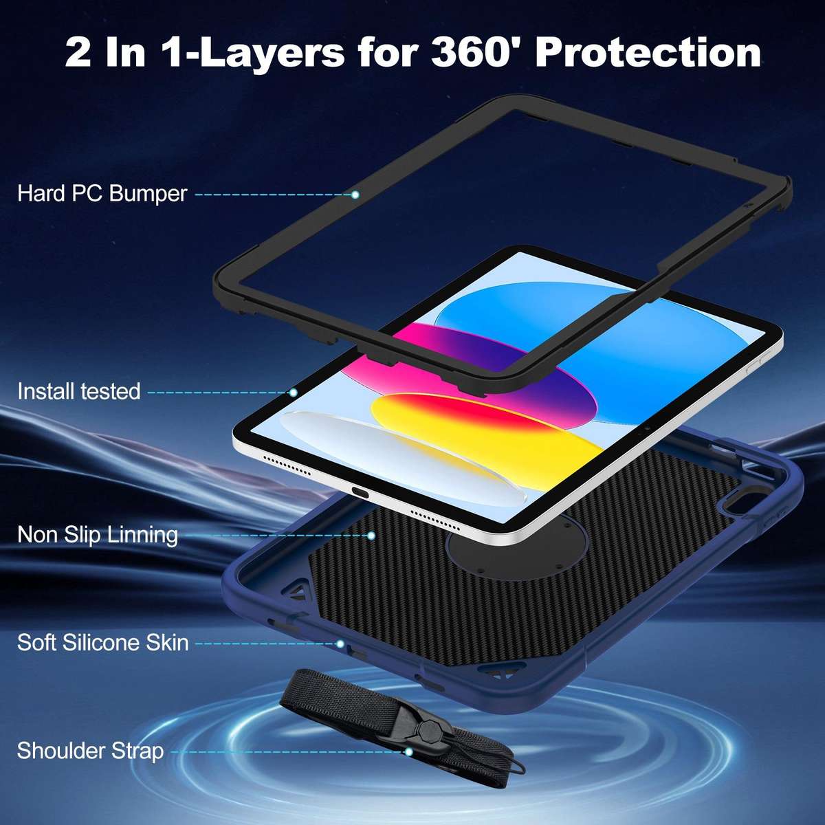 For iPad 2025 / 2022 Space Planet Ring Holder Silicone Hydric PC Tablet Case ... (Navy Blue Black)
