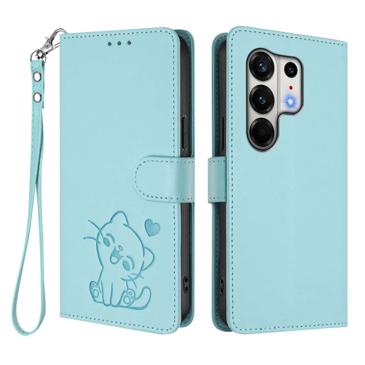 For Tecno Camon 50 Pro 4G Embossed Heart Cat Leather Phone Case with Hand Strap(Mint Green)