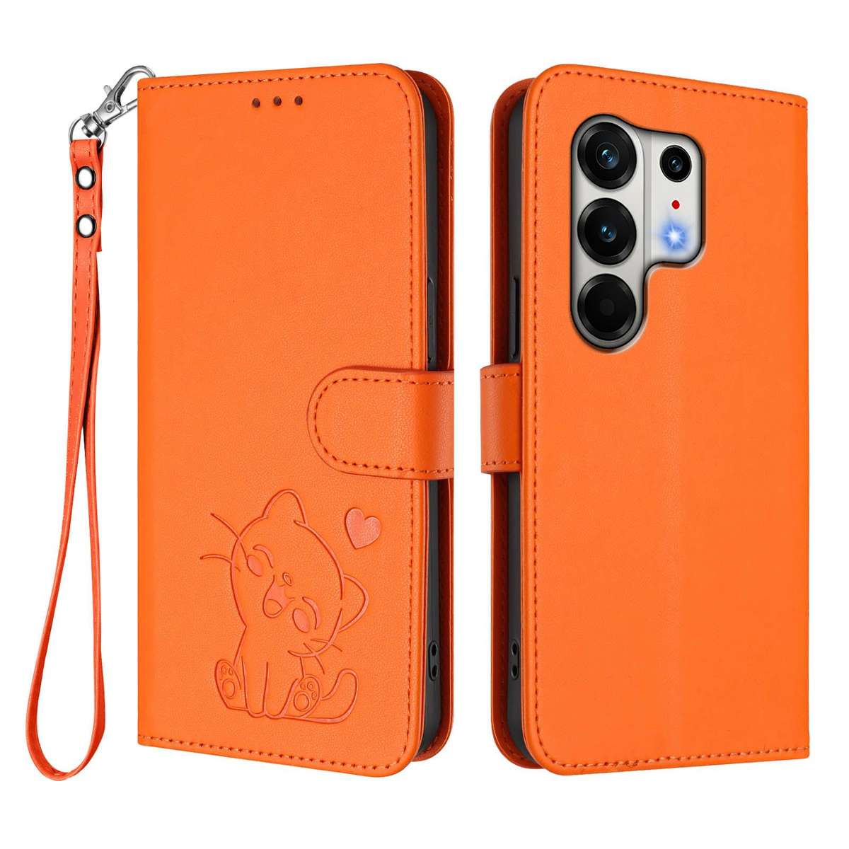 For Tecno Camon 50 Pro 4G Embossed Heart Cat Leather Phone Case with Hand Strap(Orange)