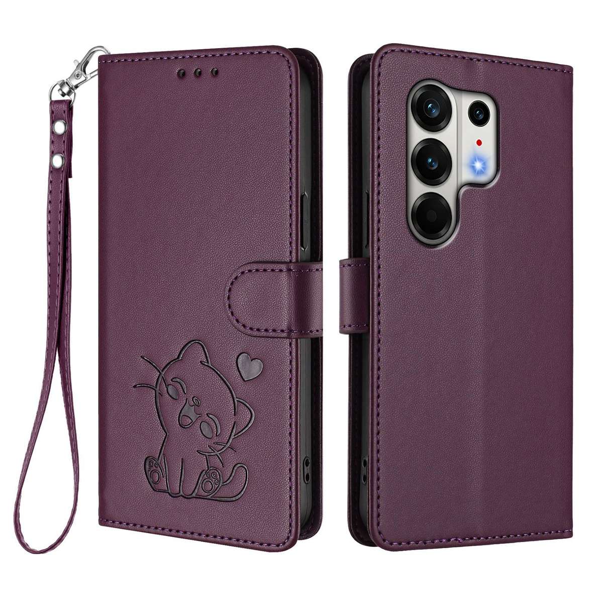 For Tecno Camon 50 Pro 4G Embossed Heart Cat Leather Phone Case with Hand Strap(Dark Purple)