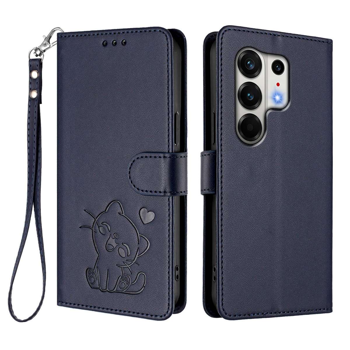 For Tecno Camon 50 Pro 4G Embossed Heart Cat Leather Phone Case with Hand Strap(Blue)