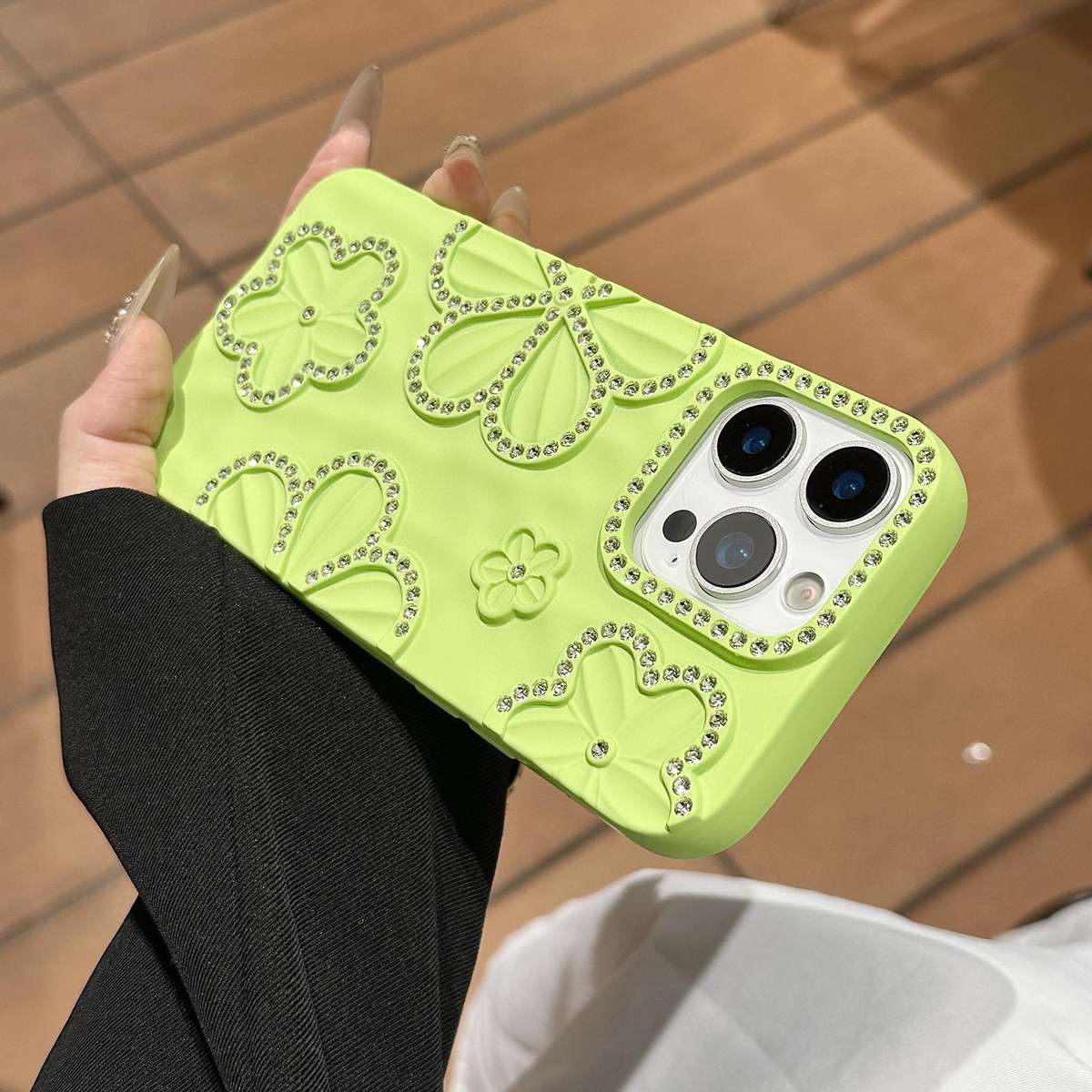 For iPhone 13 Pro Max Flower Crystal Diamond TPU Phone Case(Green)