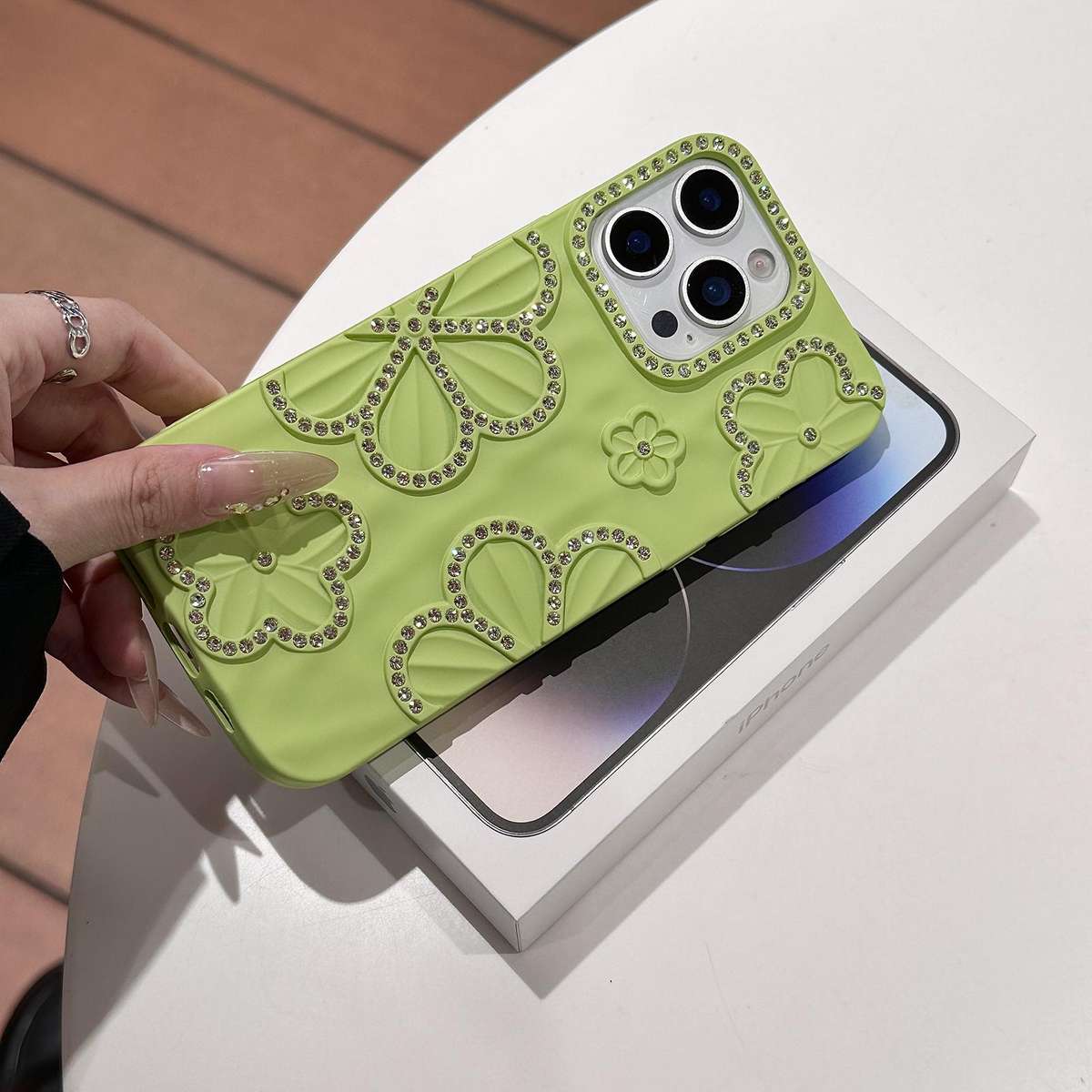 For iPhone 13 Pro Max Flower Crystal Diamond TPU Phone Case(Green)