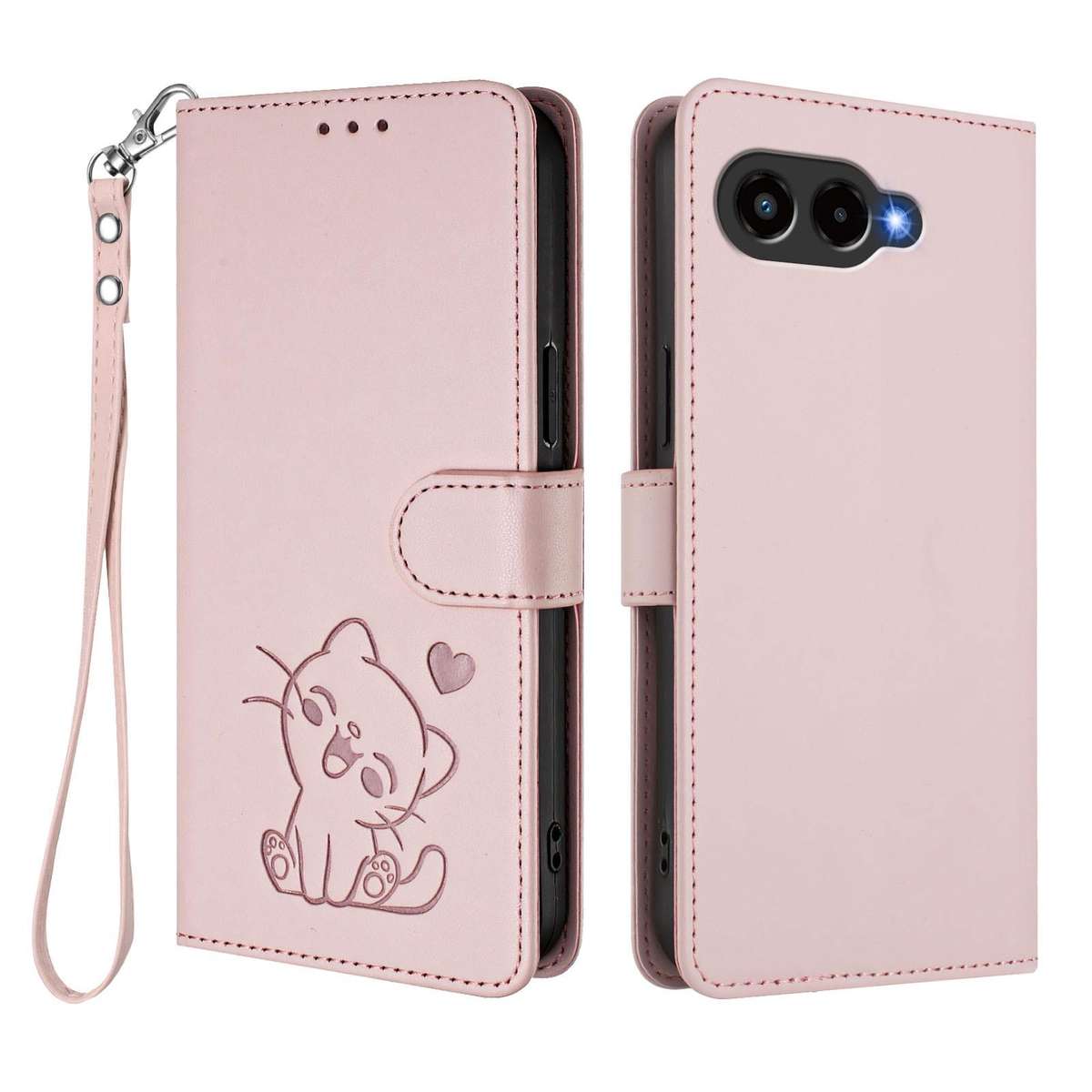 For T-Mobile Revvl 8 / T Phone 3 Embossed Heart Cat Leather Phone Case with Hand Strap(Pink)
