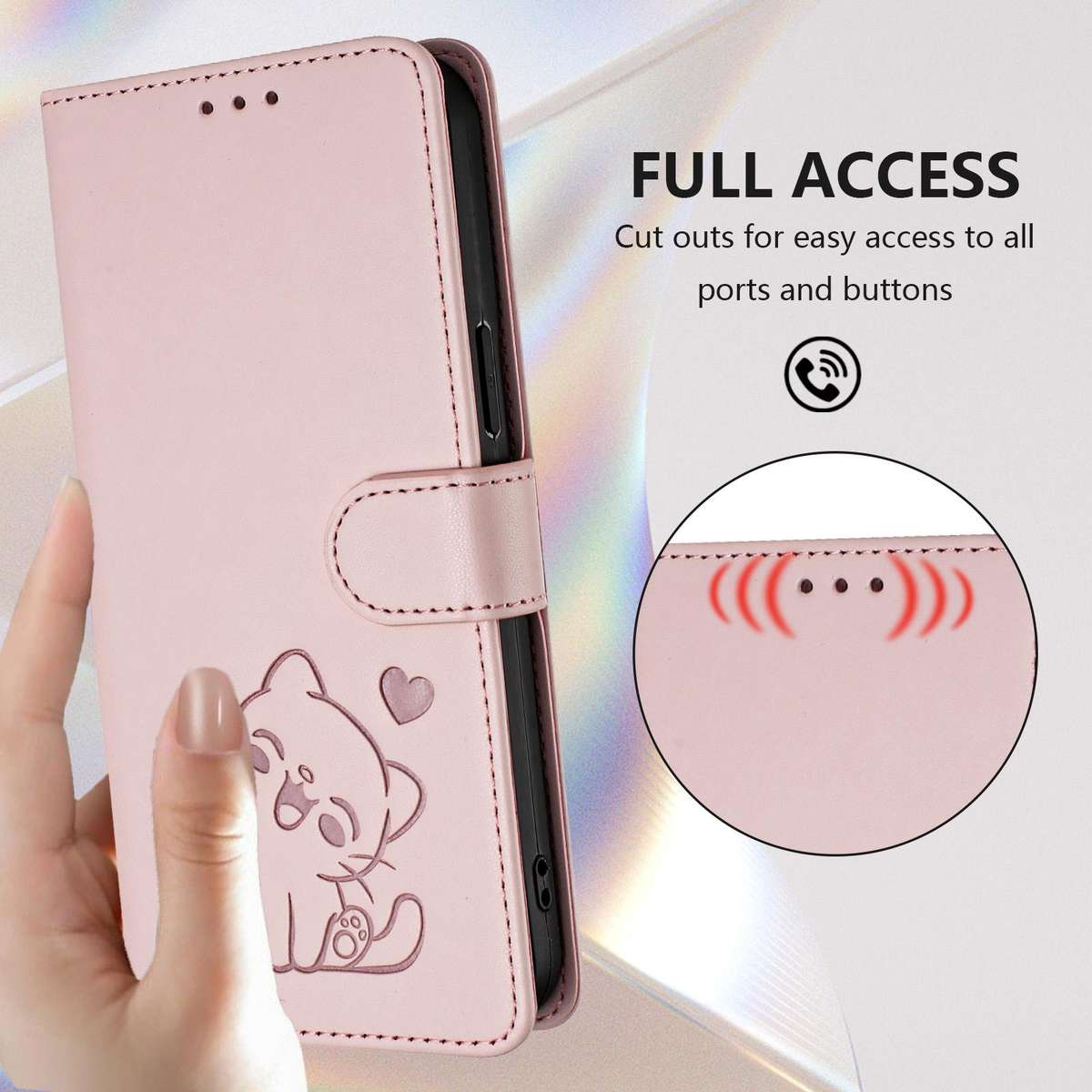 For T-Mobile Revvl 8 / T Phone 3 Embossed Heart Cat Leather Phone Case with Hand Strap(Pink)