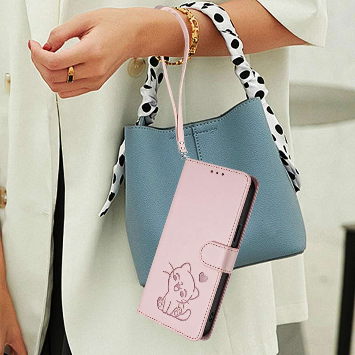 For T-Mobile Revvl 8 / T Phone 3 Embossed Heart Cat Leather Phone Case with Hand Strap(Pink)