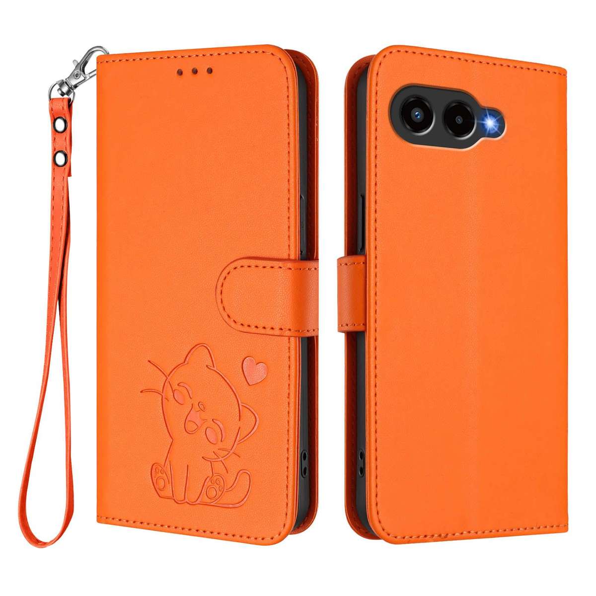 For T-Mobile Revvl 8 / T Phone 3 Embossed Heart Cat Leather Phone Case with Hand Strap(Orange)
