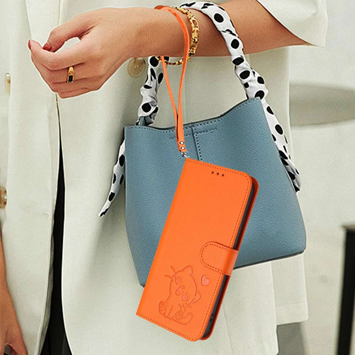 For T-Mobile Revvl 8 / T Phone 3 Embossed Heart Cat Leather Phone Case with Hand Strap(Orange)