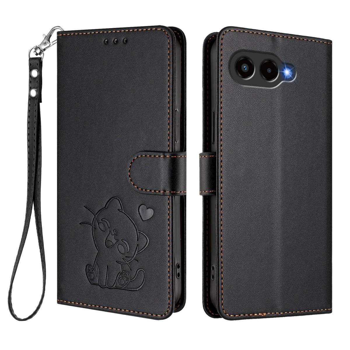 For T-Mobile Revvl 8 / T Phone 3 Embossed Heart Cat Leather Phone Case with Hand Strap(Black)