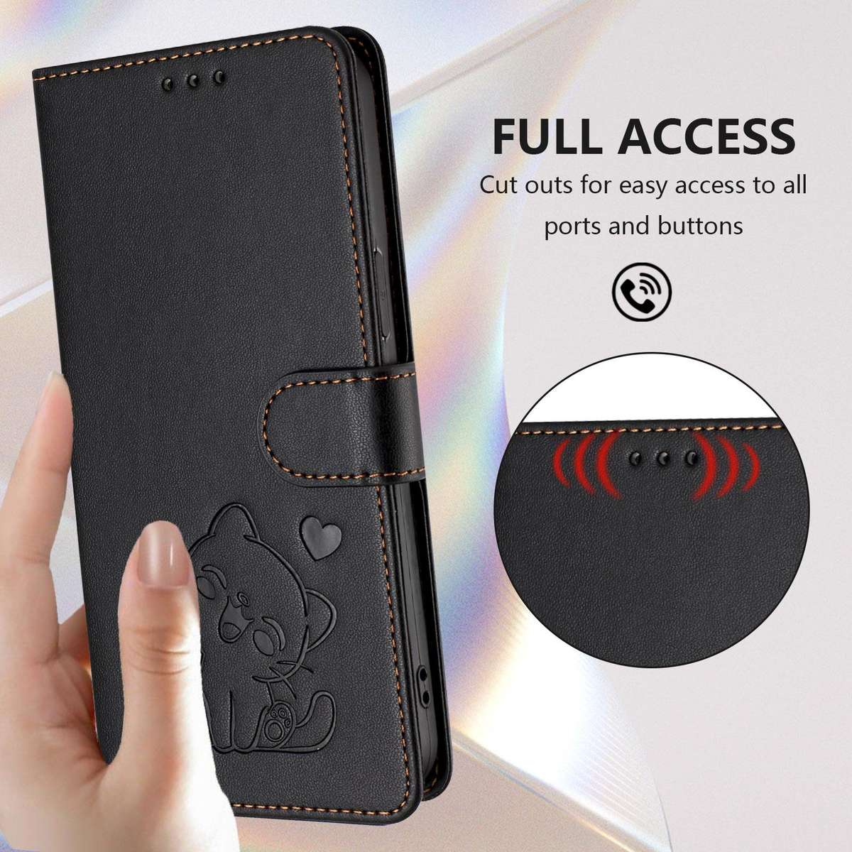 For T-Mobile Revvl 8 / T Phone 3 Embossed Heart Cat Leather Phone Case with Hand Strap(Black)