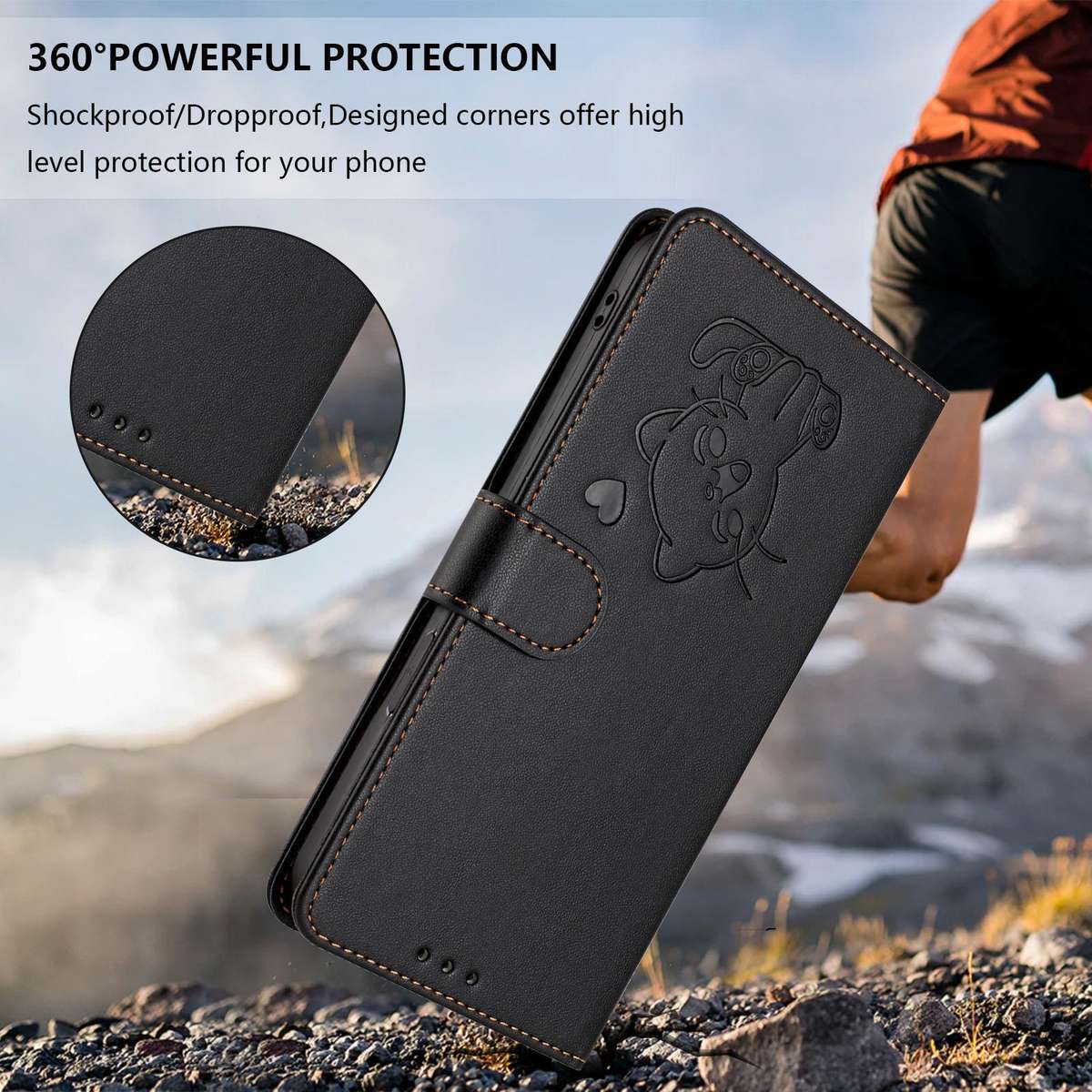 For T-Mobile Revvl 8 / T Phone 3 Embossed Heart Cat Leather Phone Case with Hand Strap(Black)