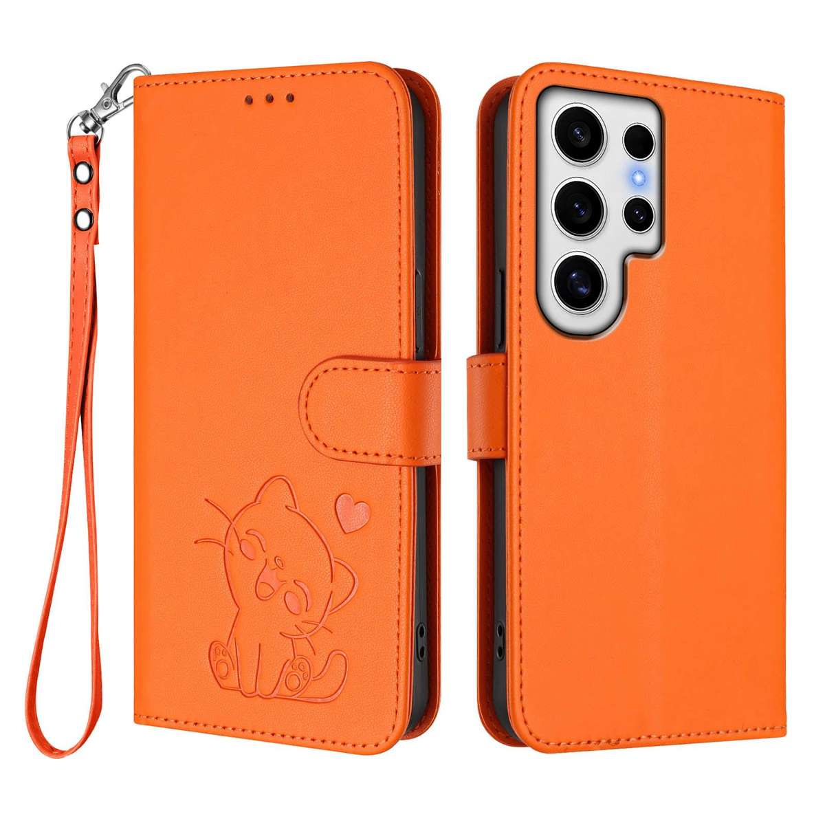 For Samsung Galaxy S24 Ultra 5G Embossed Heart Cat Leather Phone Case with Hand Strap(Orange)