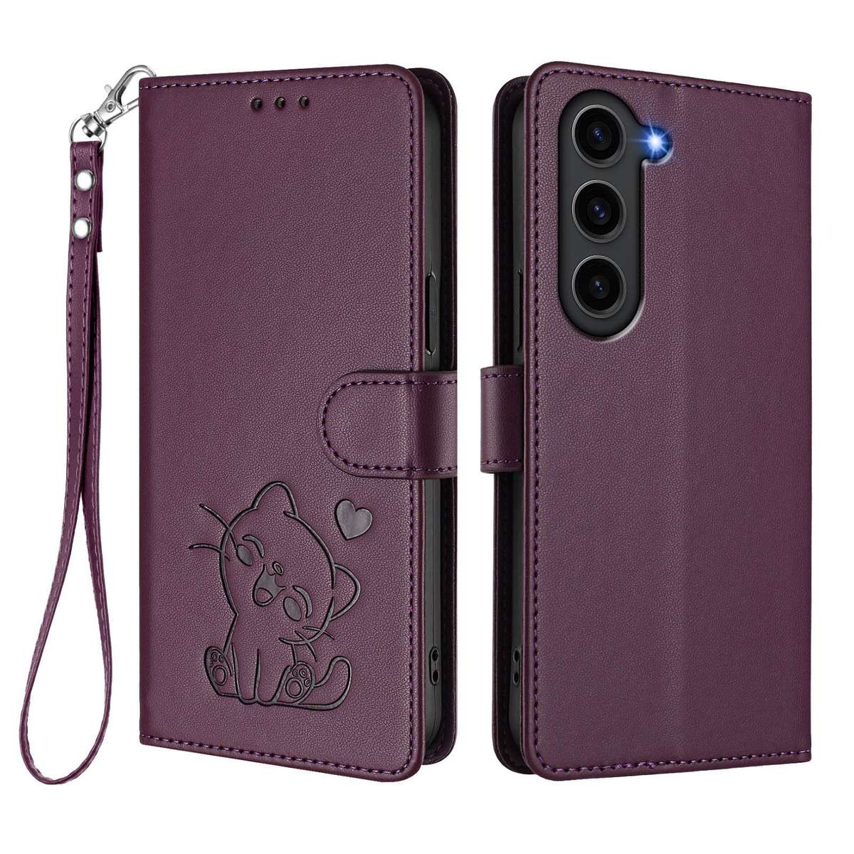 For Samsung Galaxy S23 5G Embossed Heart Cat Leather Phone Case with Hand Strap(Dark Purple)