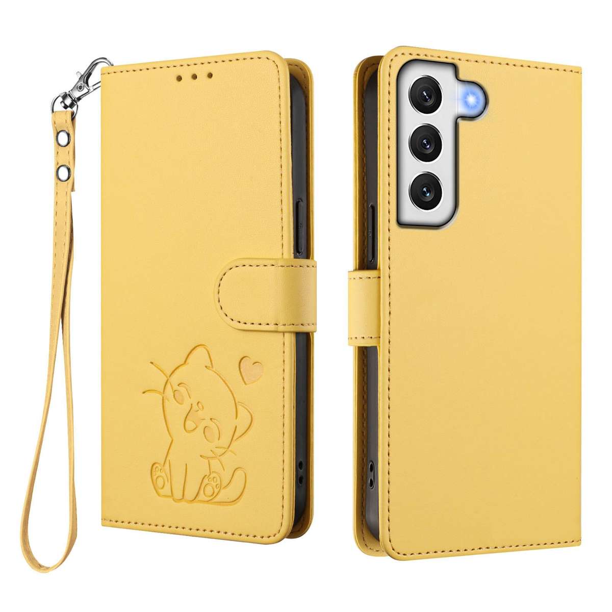 For Samsung Galaxy S22+ 5G Embossed Heart Cat Leather Phone Case with Hand Strap(Yellow)