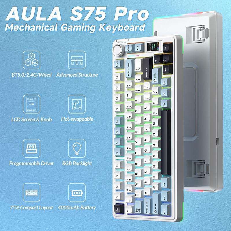 AULA S75 Pro 80 Keys wired/2.4G/Bluetooth Three Model Customizable Gradient Mechanical Keyboard(Side