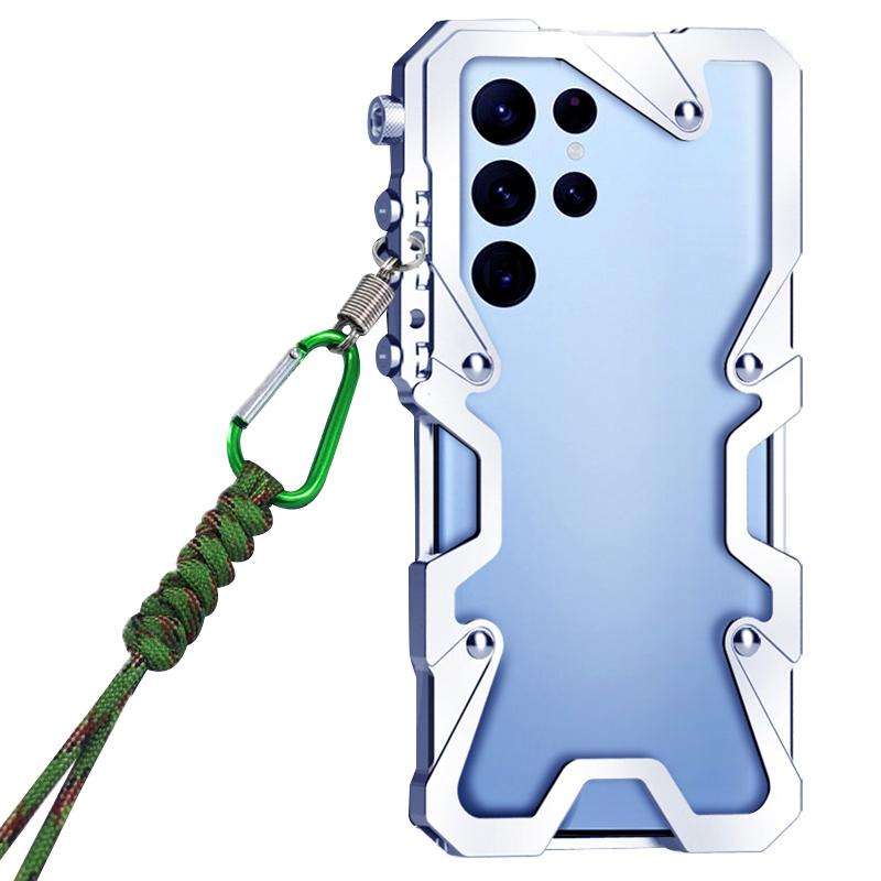For Samsung Galaxy S22 Ultra 5G Trigger Design Hollow Metal Frame Phone Case with Lanyard(Silver)